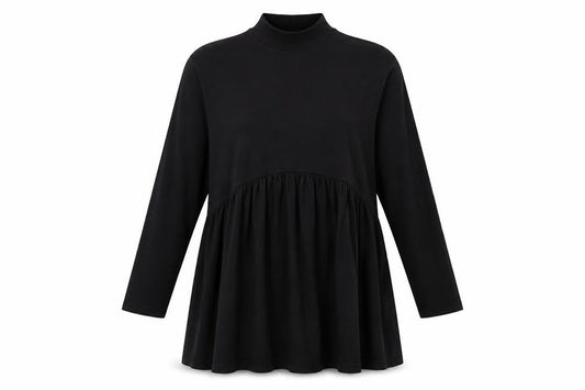 Front view of ASOS women’s black cotton jumper dress, size UK 12, mock neck pullover