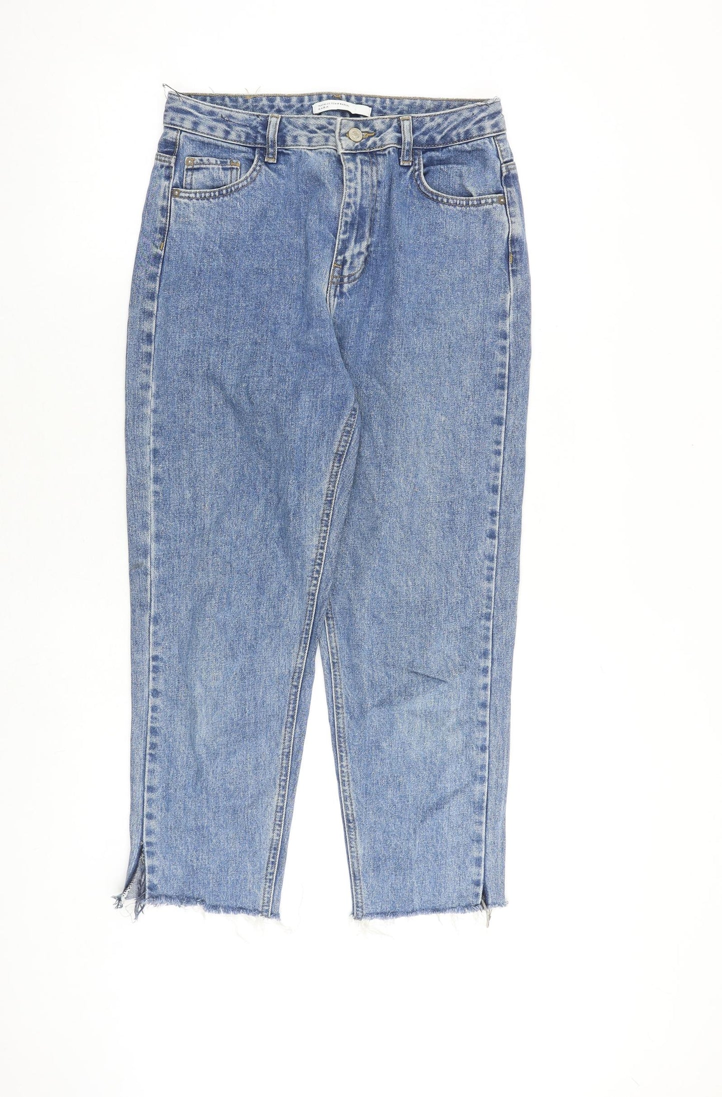 Zara Womens Blue Cotton Tapered Jeans Size 10 Regular Zip - Frayed Hem