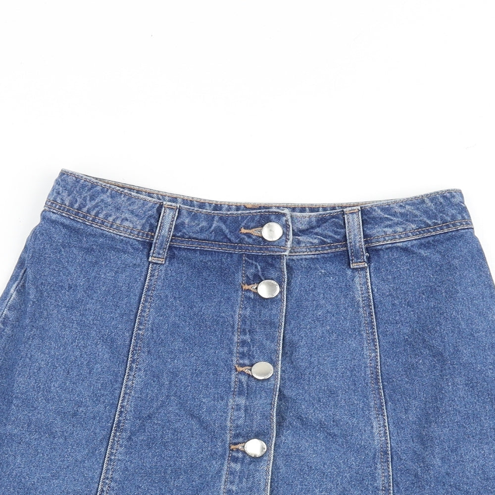 H&M Womens Blue Cotton A-Line Skirt Size 6 Button