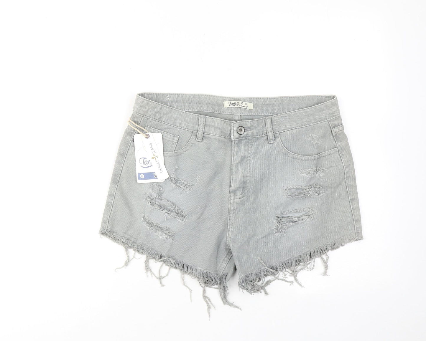 Toxik3 Womens Grey Cotton Boyfriend Shorts Size 14 Regular Zip - Distressed Look Raw Hems