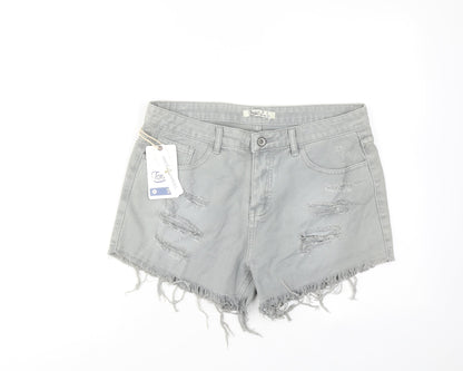 Toxik3 Womens Grey Cotton Boyfriend Shorts Size 14 Regular Zip - Distressed Look Raw Hems