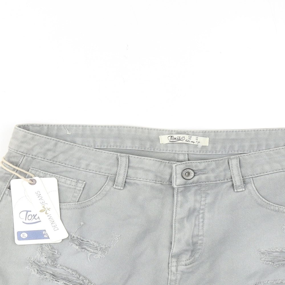 Toxik3 Womens Grey Cotton Boyfriend Shorts Size 14 Regular Zip - Distressed Look Raw Hems