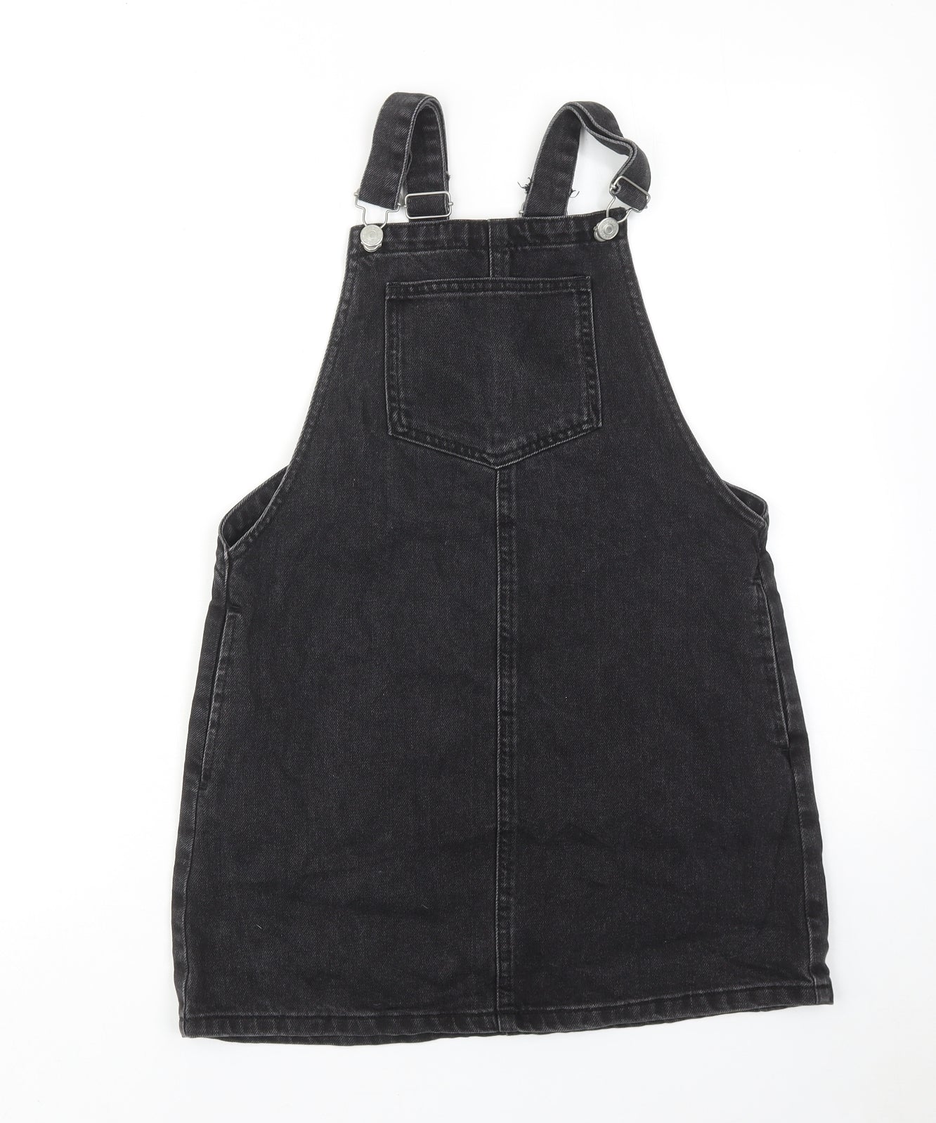 Topshop Womens Black Cotton Pinafore/Dungaree Dress Size 8 Square Neck Buckle