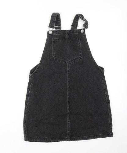 Topshop Womens Black Cotton Pinafore/Dungaree Dress Size 8 Square Neck Buckle