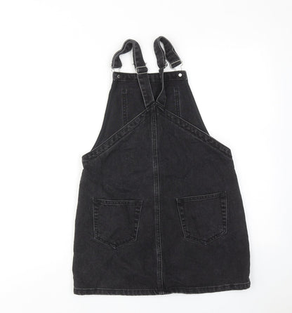 Topshop Womens Black Cotton Pinafore/Dungaree Dress Size 8 Square Neck Buckle