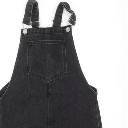 Topshop Womens Black Cotton Pinafore/Dungaree Dress Size 8 Square Neck Buckle