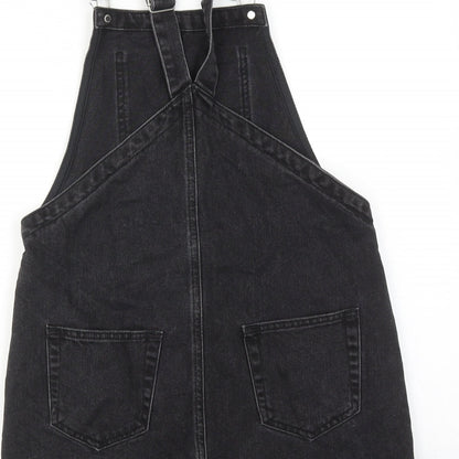 Topshop Womens Black Cotton Pinafore/Dungaree Dress Size 8 Square Neck Buckle