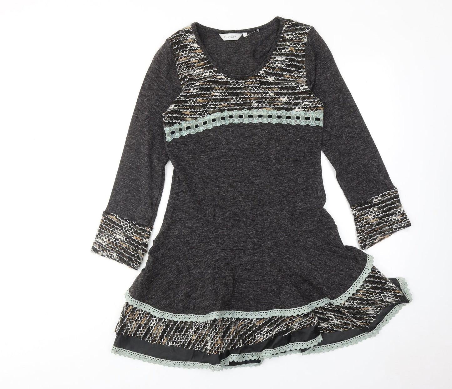Preview Womens Grey Geometric Acrylic Jumper Dress Size S Scoop Neck Pullover