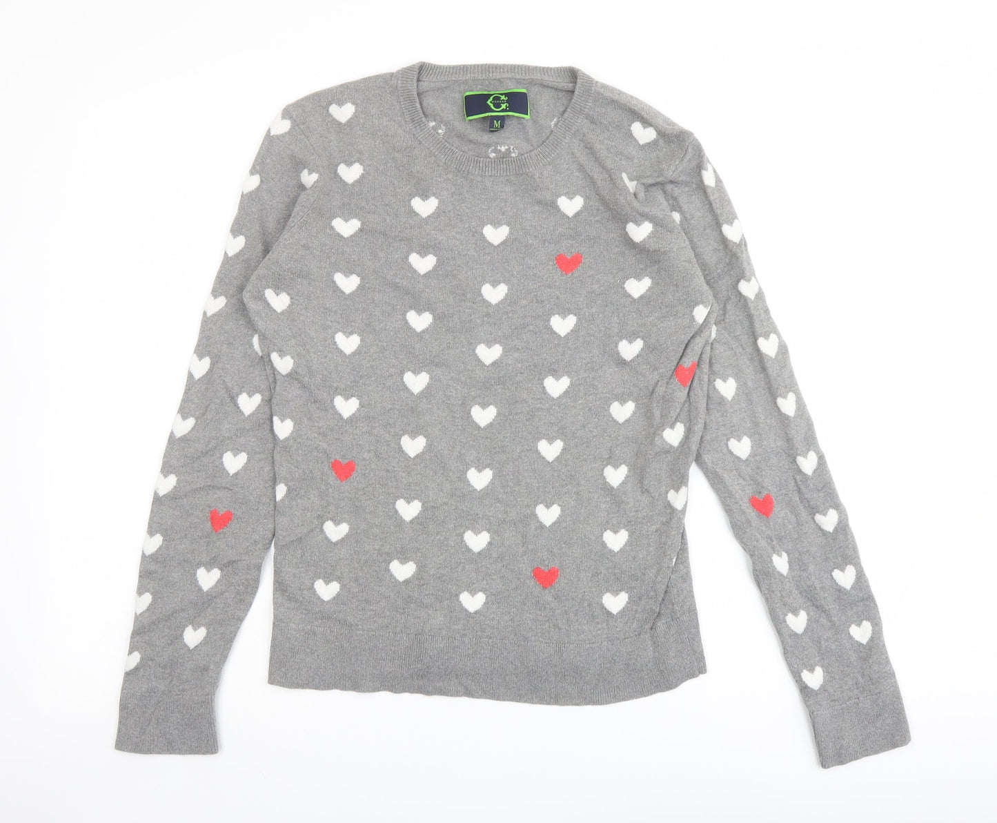 C. Wonder Womens Grey Round Neck Geometric Cotton Pullover Jumper Size M - Heart pattern