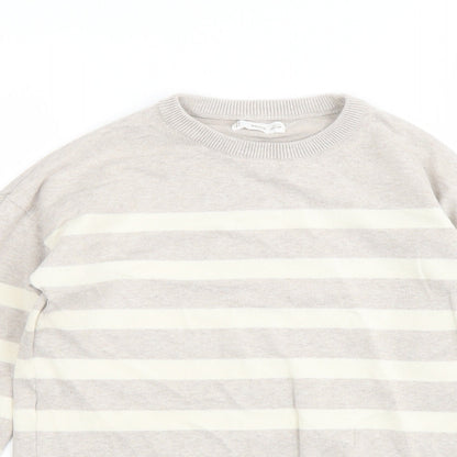 Mango Girls Beige Round Neck Striped Acrylic Pullover Jumper Size 9-10 Years Pullover