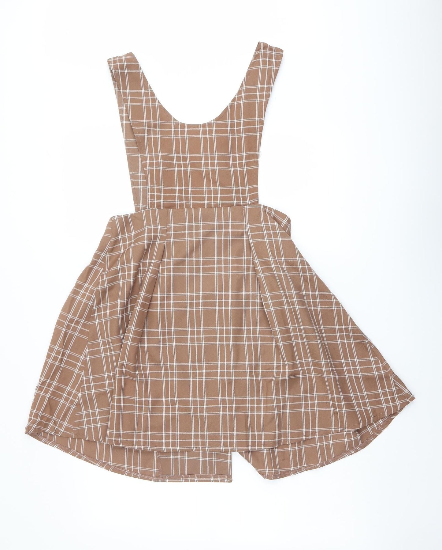 Allegra K Womens Beige Plaid Polyester Pinafore/Dungaree Dress Size S V-Neck Pullover