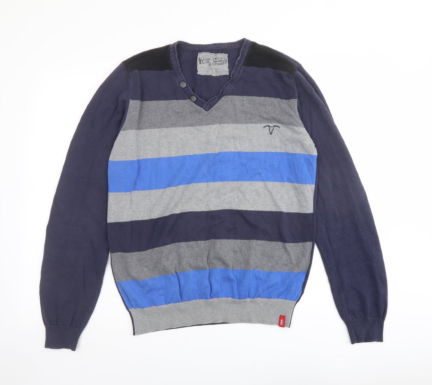 Esprit Mens Blue Square Neck Striped Cotton Pullover Jumper Size L Long Sleeve