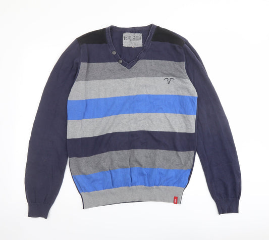 Esprit Mens Blue Square Neck Striped Cotton Pullover Jumper Size L Long Sleeve