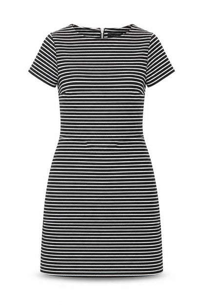 New Look Womens Black Striped Polyester Shift Size 10 Round Neck Zip