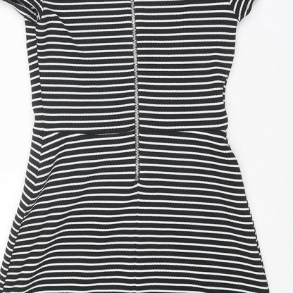New Look Womens Black Striped Polyester Shift Size 10 Round Neck Zip