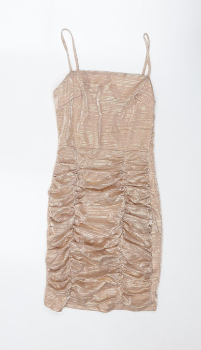 NaaNaa Womens Gold Geometric Polyester Slip Dress Size 8 Square Neck Pullover