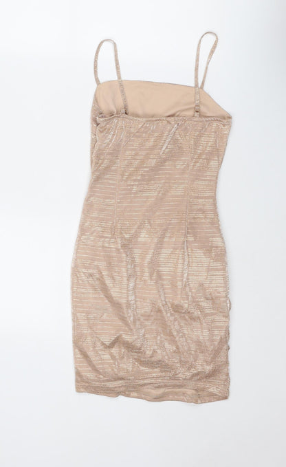 NaaNaa Womens Gold Geometric Polyester Slip Dress Size 8 Square Neck Pullover