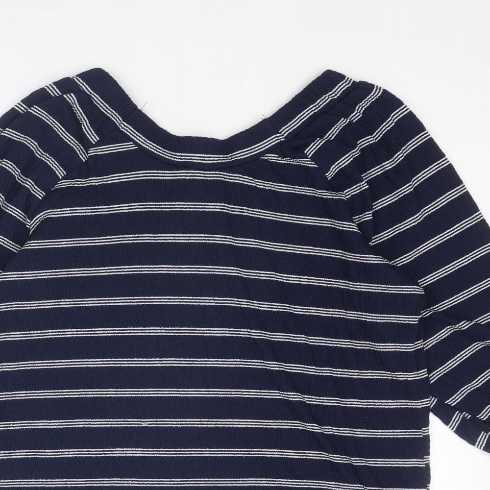 M&Co Womens Blue Striped Polyester Basic Blouse Size 8 Round Neck