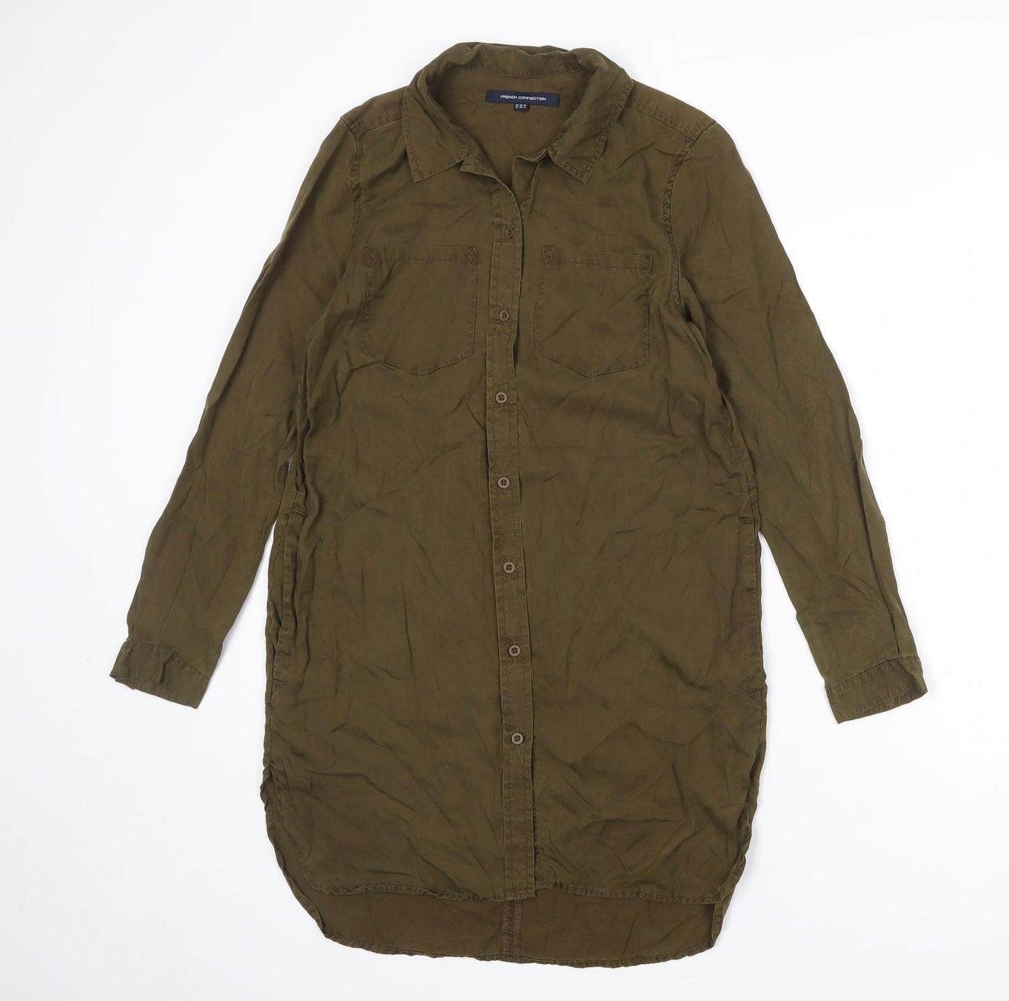 French Connection Womens Green Lyocell Shirt Dress Size 10 Collared Button