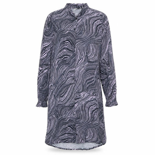 Front view of b.young women’s blue geometric viscose shirt dress, size UK 12, round neck button
