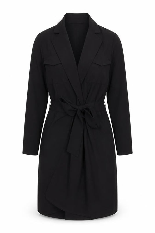 Front view of ASOS women’s black polyester jacket dress, size UK 6, v-neck tie