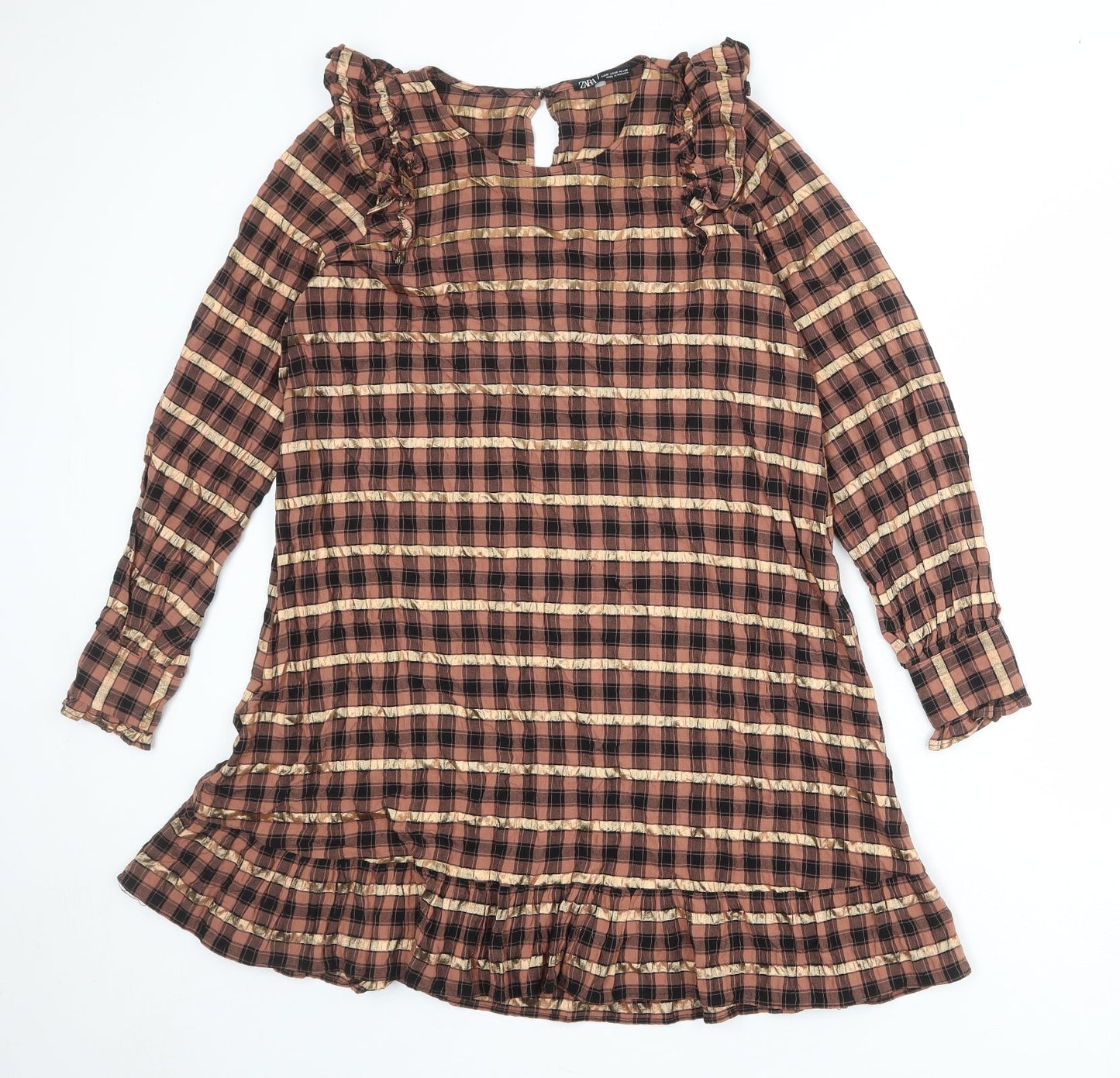Zara Womens Multicoloured Plaid Viscose A-Line Size M Round Neck Button