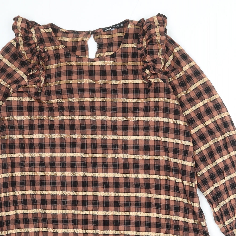 Zara Womens Multicoloured Plaid Viscose A-Line Size M Round Neck Button