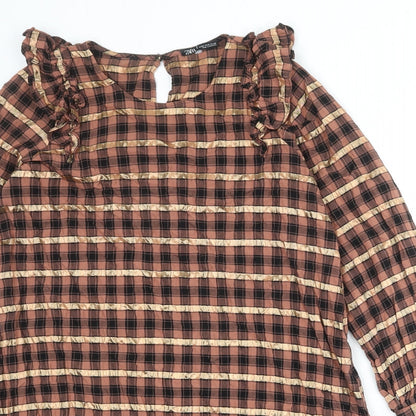 Zara Womens Multicoloured Plaid Viscose A-Line Size M Round Neck Button