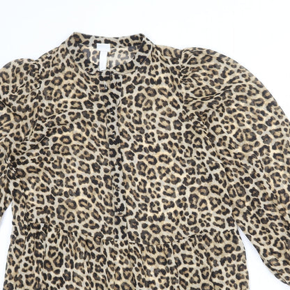 H&M Womens Multicoloured Animal Print Polyester A-Line Size S Round Neck Button - Leopard pattern
