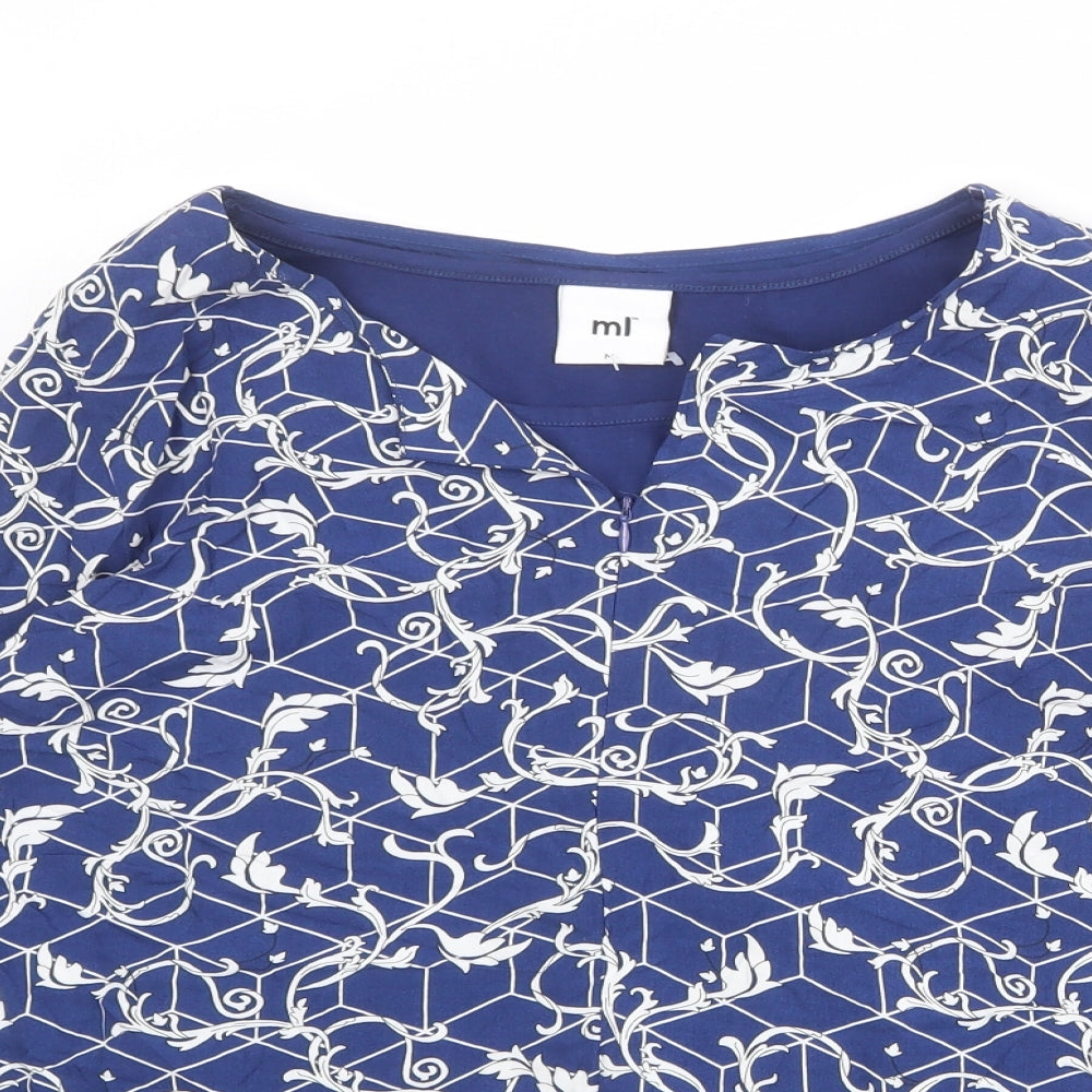 ML Womens Blue Geometric Viscose Basic Blouse Size M V-Neck