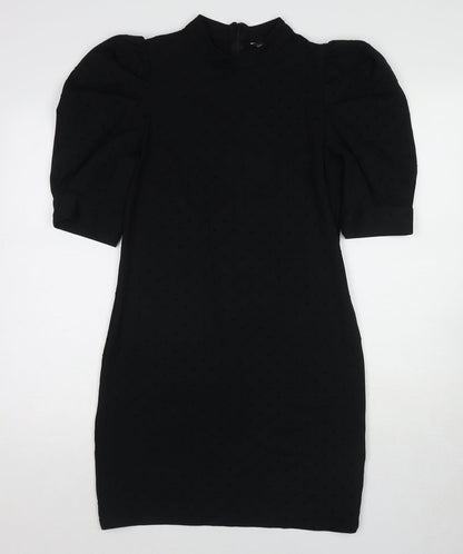 Dorothy Perkins Womens Black Polka Dot Cotton Pencil Dress Size 12 Mock Neck Zip - Puff Sleeve