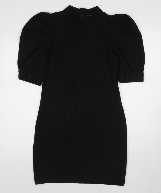 Dorothy Perkins Womens Black Polka Dot Cotton Pencil Dress Size 12 Mock Neck Zip - Puff Sleeve