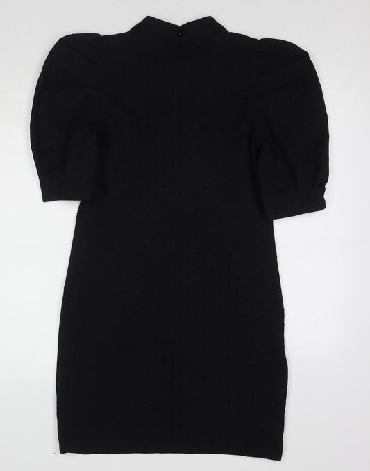 Dorothy Perkins Womens Black Polka Dot Cotton Pencil Dress Size 12 Mock Neck Zip - Puff Sleeve