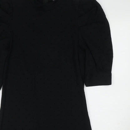Dorothy Perkins Womens Black Polka Dot Cotton Pencil Dress Size 12 Mock Neck Zip - Puff Sleeve
