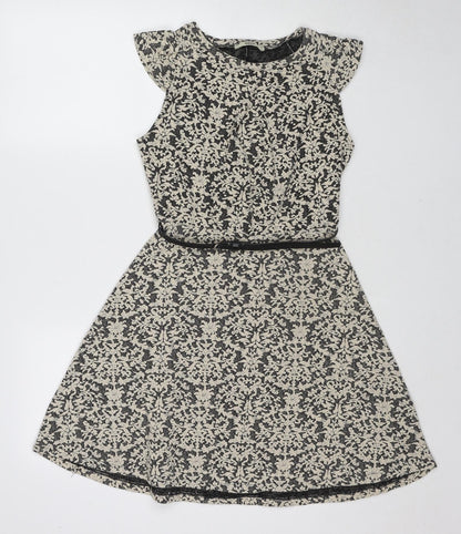 Oasis Womens Ivory Geometric Cotton Fit & Flare Size S Boat Neck Pullover