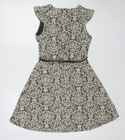 Oasis Womens Ivory Geometric Cotton Fit & Flare Size S Boat Neck Pullover