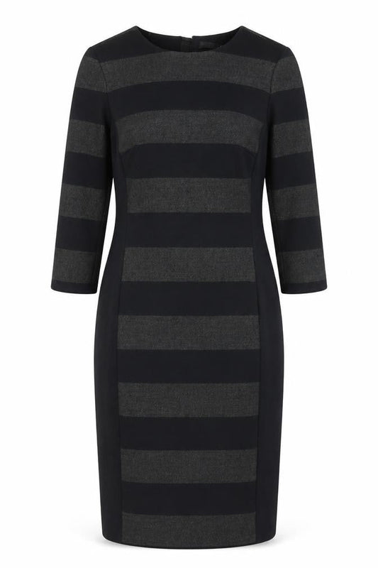 Front view of Oui women’s black striped polyester shift, size UK 10, round neck zip