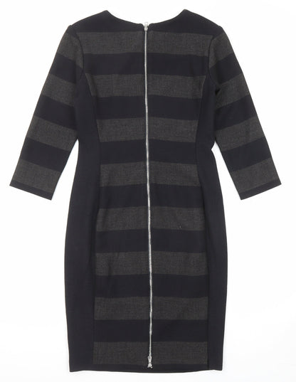 Oui Womens Black Striped Polyester Shift Size 10 Round Neck Zip