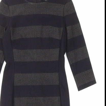 Oui Womens Black Striped Polyester Shift Size 10 Round Neck Zip