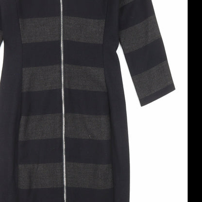 Oui Womens Black Striped Polyester Shift Size 10 Round Neck Zip