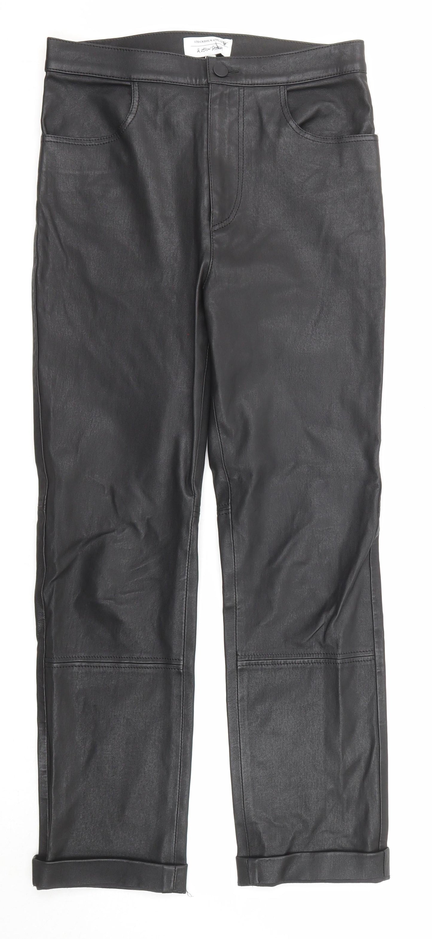 Stockholm Atelier Womens Black Cotton Trousers Size 8 Regular Zip - Coated