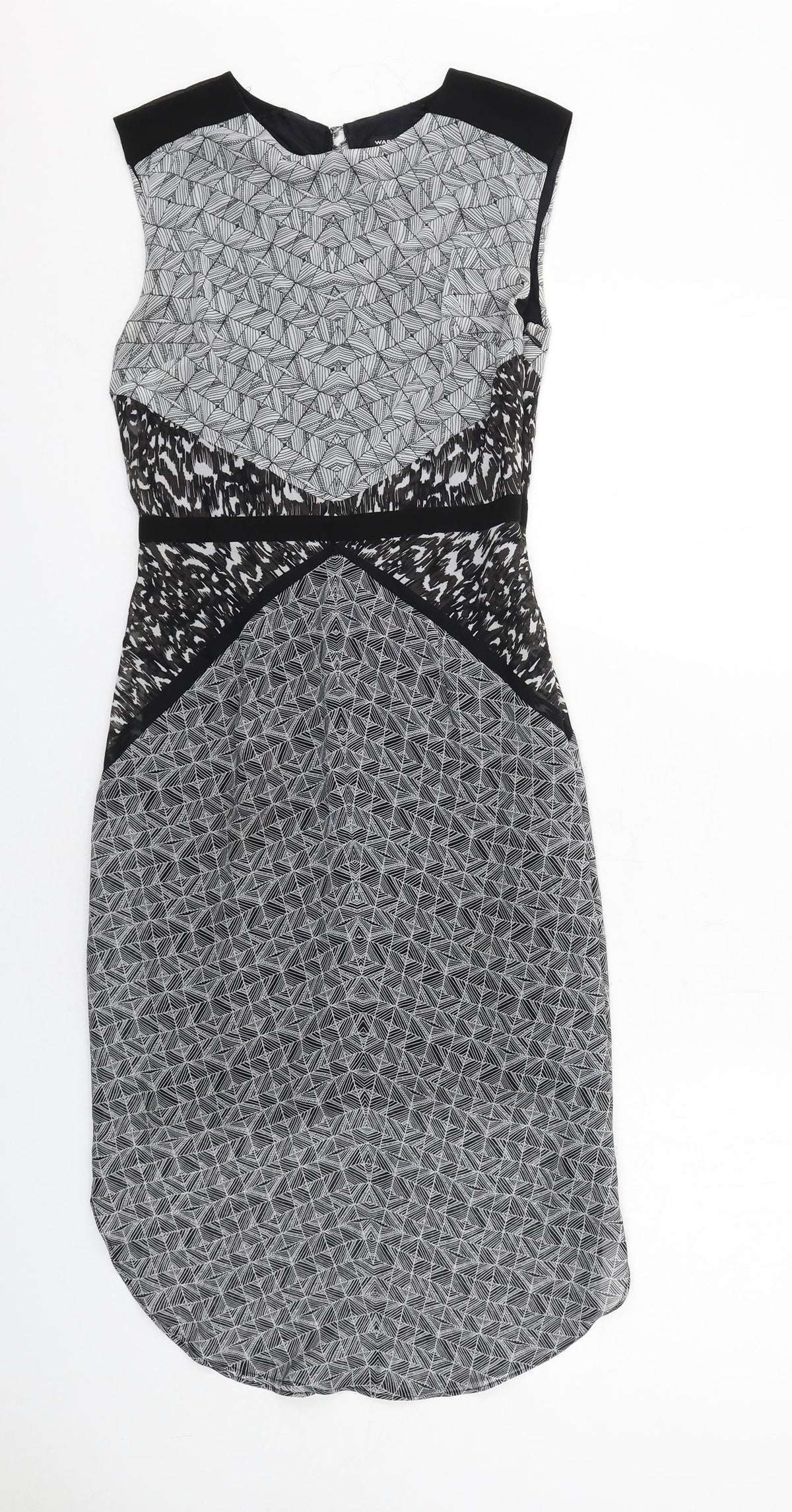 Warehouse Womens Grey Geometric Polyester Sheath Size 8 Round Neck Zip
