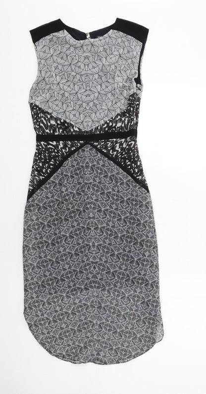 Warehouse Womens Grey Geometric Polyester Sheath Size 8 Round Neck Zip