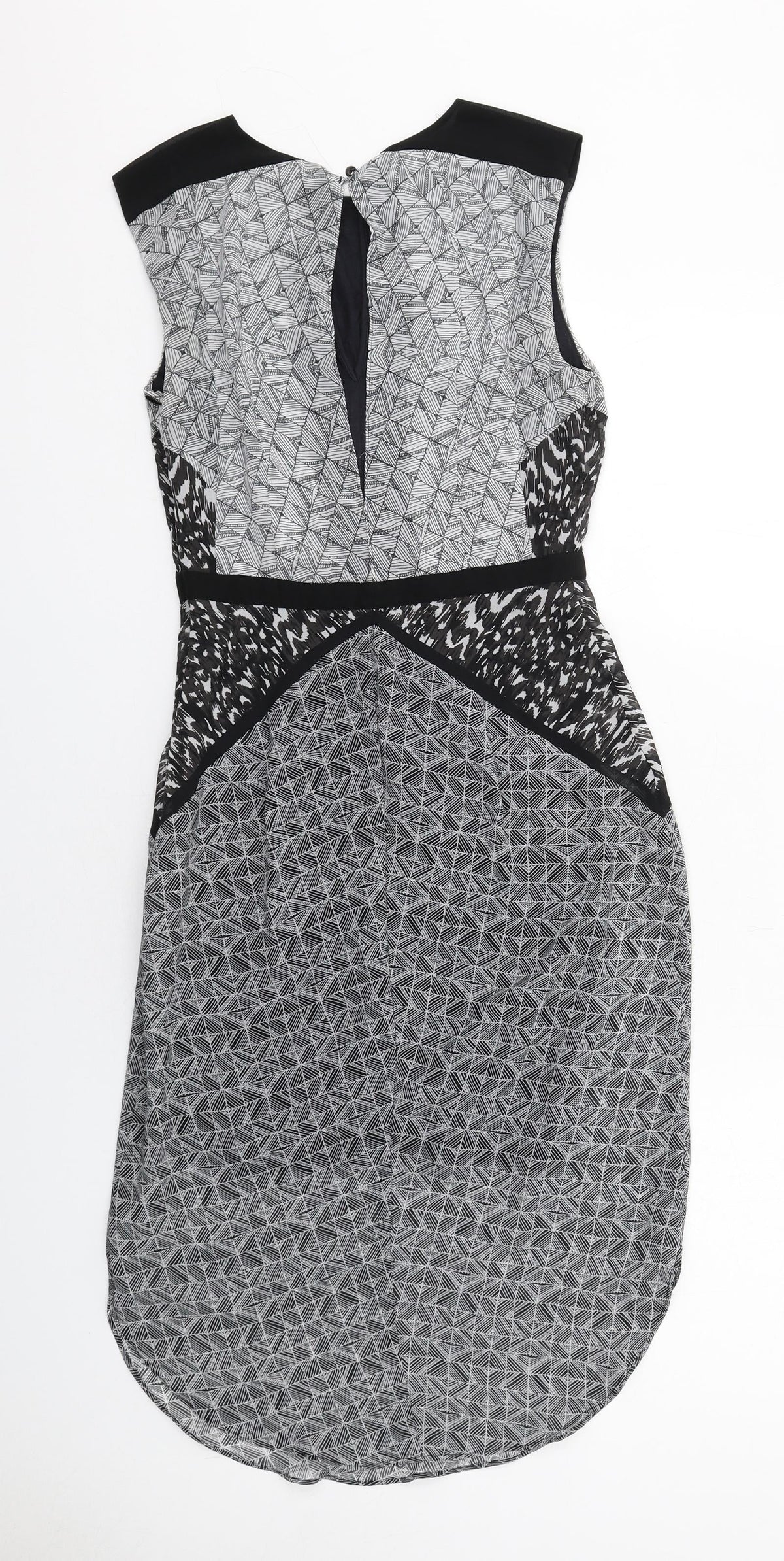 Warehouse Womens Grey Geometric Polyester Sheath Size 8 Round Neck Zip