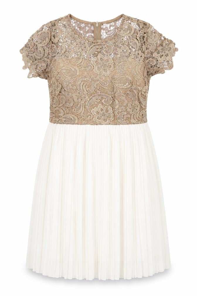 Front view of Club L women’s white colourblock polyester a-line, size UK 14, boat neck zip - crocheted lace top