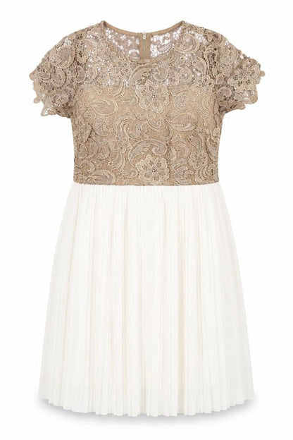 Front view of Club L women’s white colourblock polyester a-line, size UK 14, boat neck zip - crocheted lace top