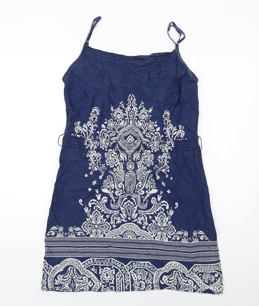 H&M Womens Blue Geometric Cotton Slip Dress Size 10 Square Neck Pullover