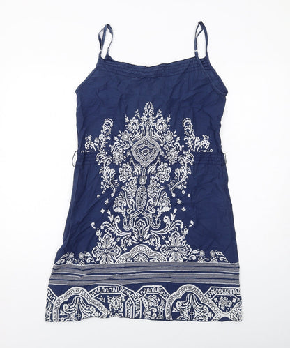 H&M Womens Blue Geometric Cotton Slip Dress Size 10 Square Neck Pullover