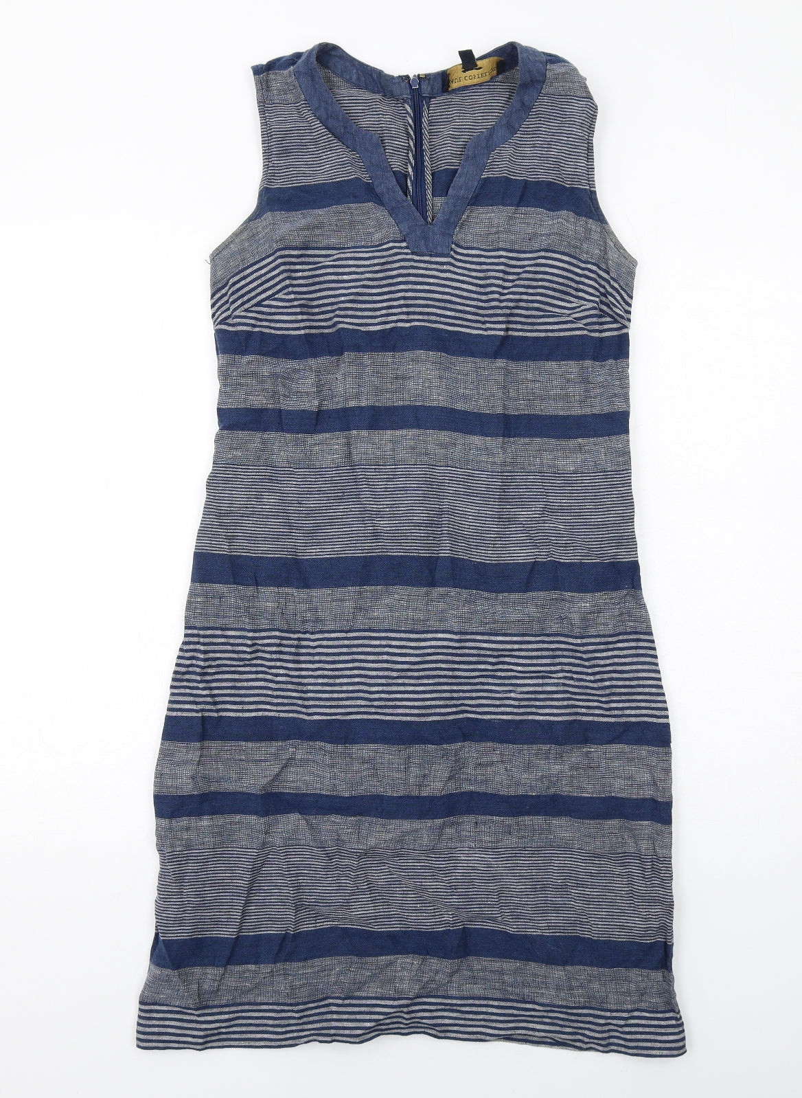 Paul Costelloe Womens Blue Striped Cotton Shift Size 10 V-Neck Zip