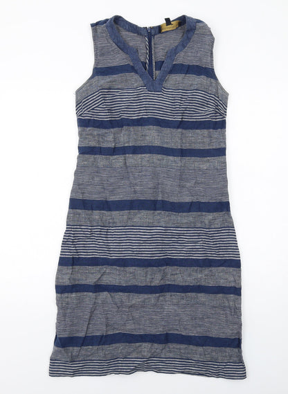 Paul Costelloe Womens Blue Striped Cotton Shift Size 10 V-Neck Zip
